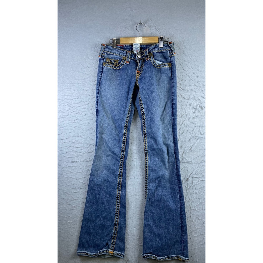 True Religion Bobby Super T Jeans Womens 27 Blue Excellent Flare Low Rise Stitch